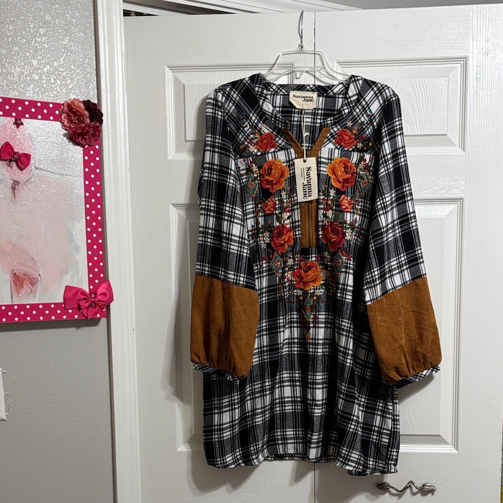 Savanna Jane Black & White Plaid Floral Embroidered Dress NWT